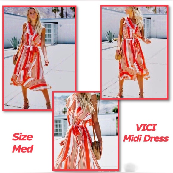 VICI stripe, ruffle one shoulder faux wrap midi dress. w/sash tie M ⚡️FLASH SALE - Picture 2 of 16